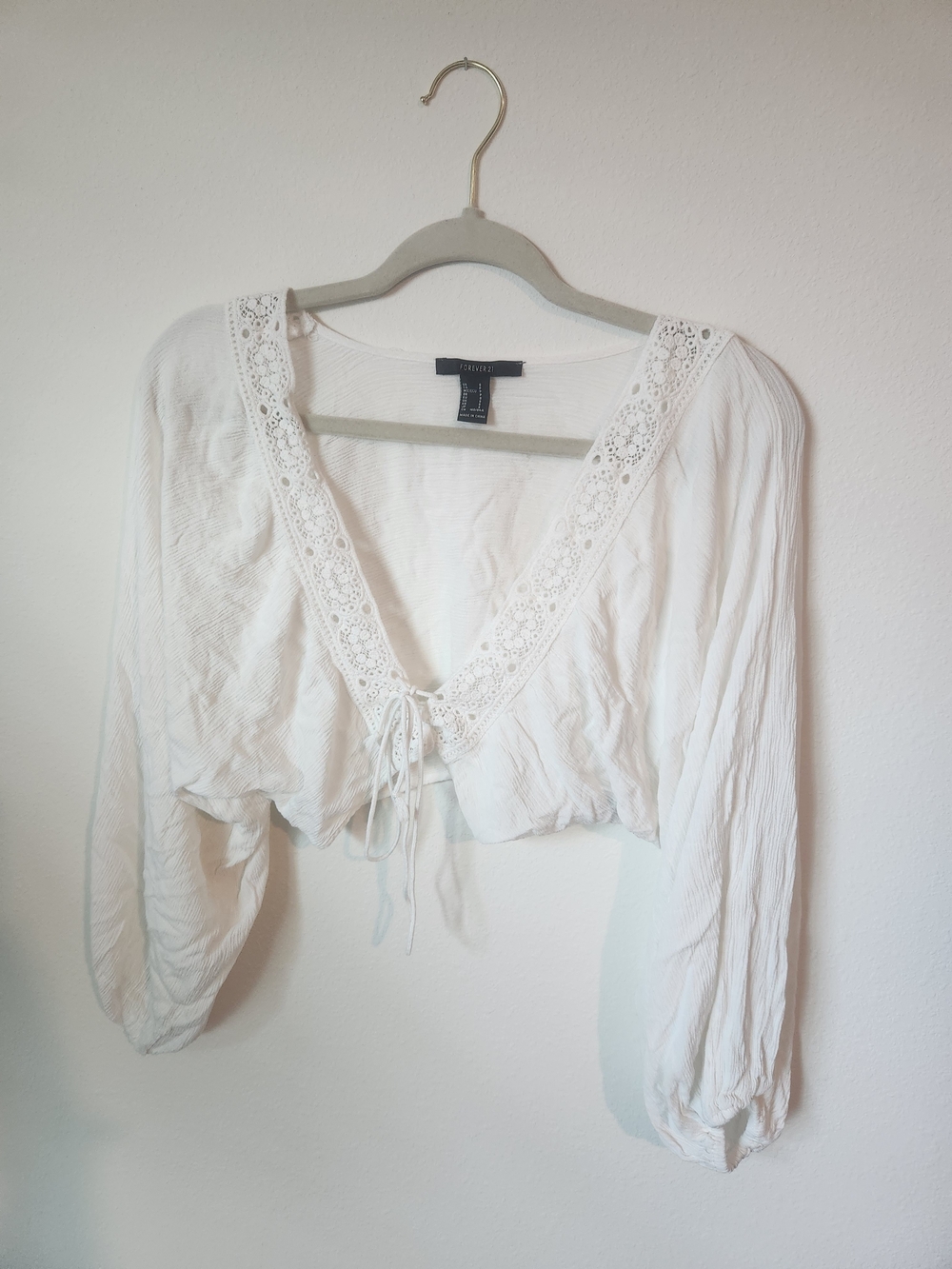 Forever 21 White Lace-Trim Tie-Front Peasant Blouse
